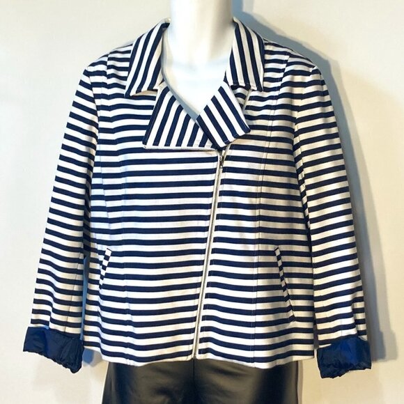 Lane Bryant SZ24 Navy & White stripe moto jacket Nautical Sailor Coastal Preppy - Picture 2 of 12